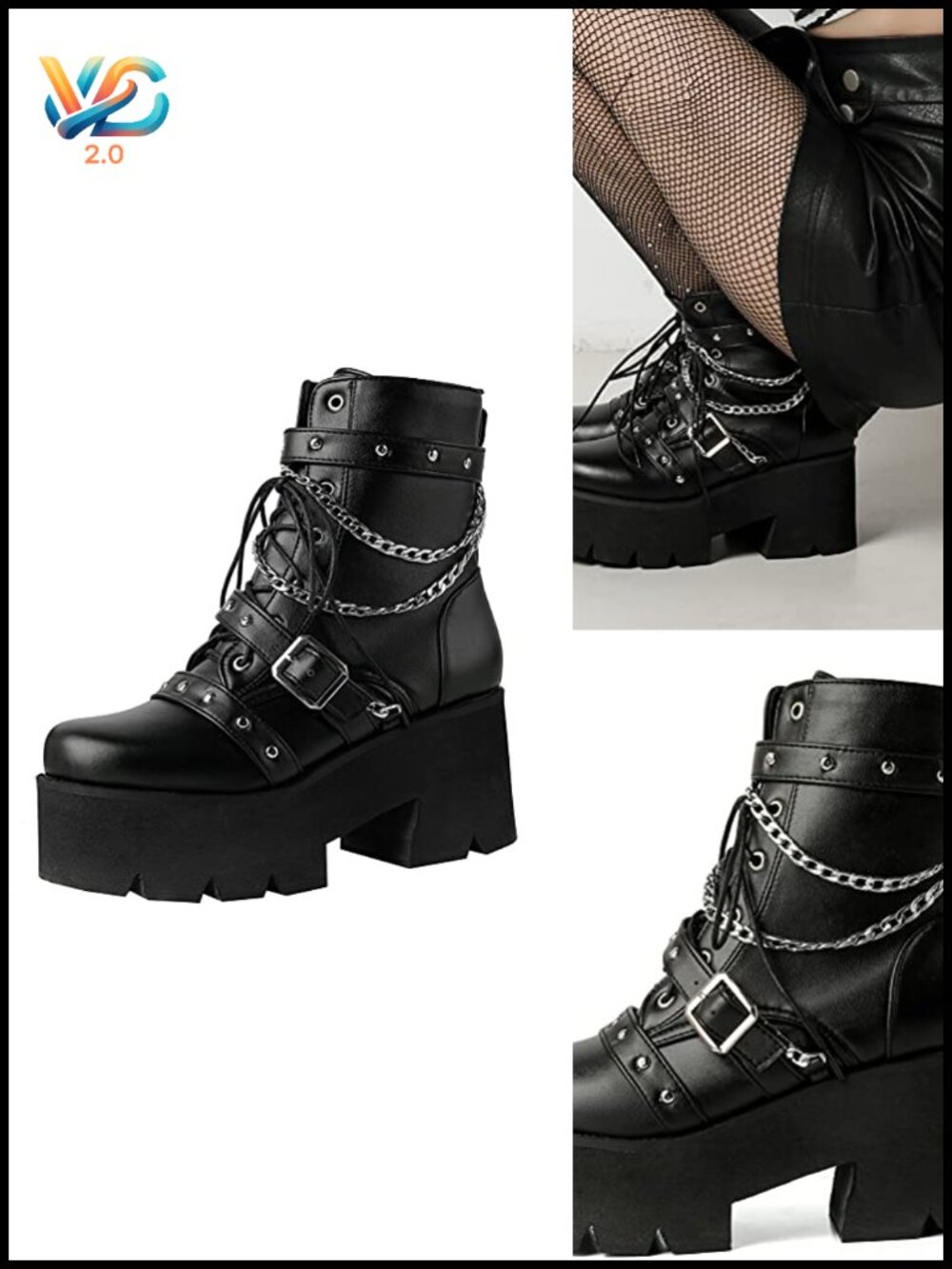 Chunky Platform Ankle Boots with Chain Lace Up Goth Motorcycle Boots